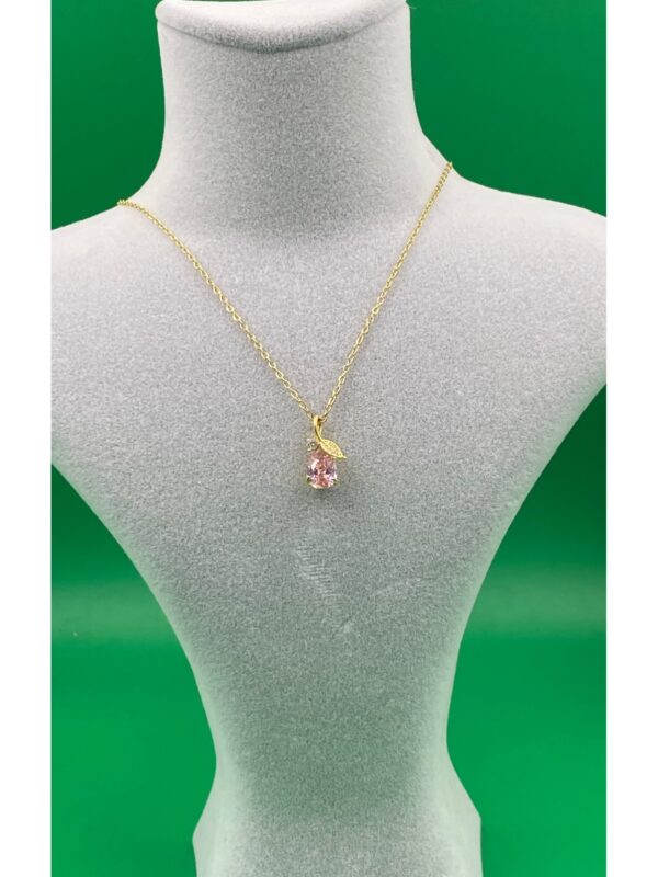 Gold Renk Pembe Çiçek Model Zirkon Taşlı Kadın Çelik Kolye - Görsel 2