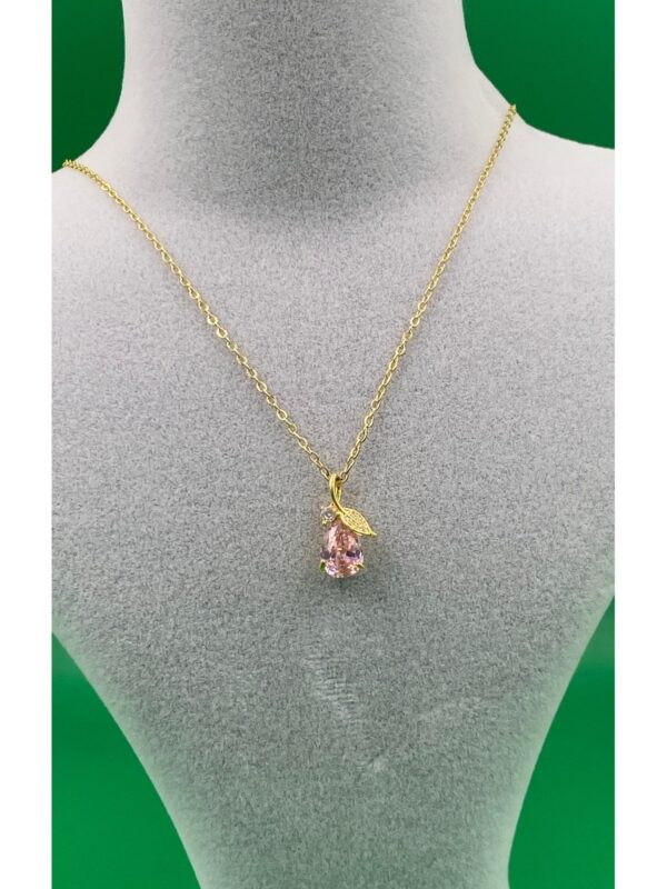 Gold Renk Pembe Çiçek Model Zirkon Taşlı Kadın Çelik Kolye - Görsel 3