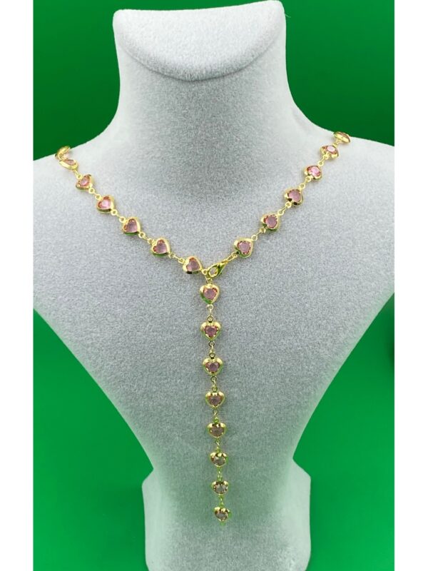 Kadın Gold Renk Pembe Kalpli Zirkon Taşlı Y Model Kolye - Görsel 2