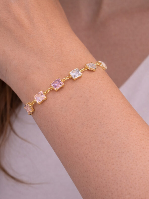 Kadın Gold Renk Pembe Beyaz Zirkon Taşlı VİP Çelik Bileklik - Görsel 1