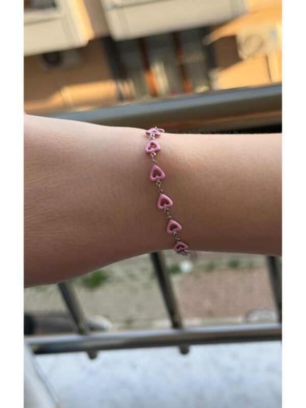 Kadın Gümüş Renk Pembe Kalpli Şık Tasarım Bileklik 18 CM - Görsel 1