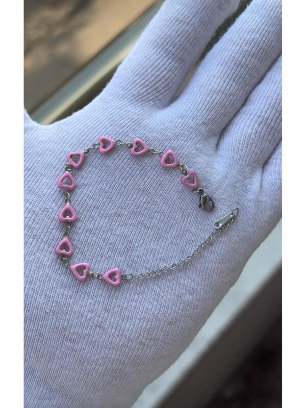 Kadın Gümüş Renk Pembe Kalpli Şık Tasarım Bileklik 18 CM - Görsel 2