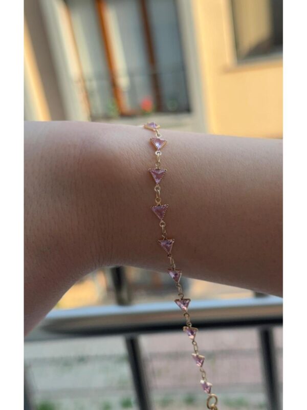 Kadın Üçgen Kesim Gold Renk Pembe Zirkon Taşlı Bileklik 18 CM - Görsel 1