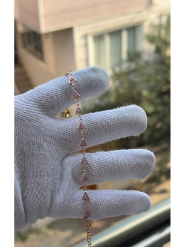Kadın Üçgen Kesim Gold Renk Pembe Zirkon Taşlı Bileklik 18 CM - Görsel 2