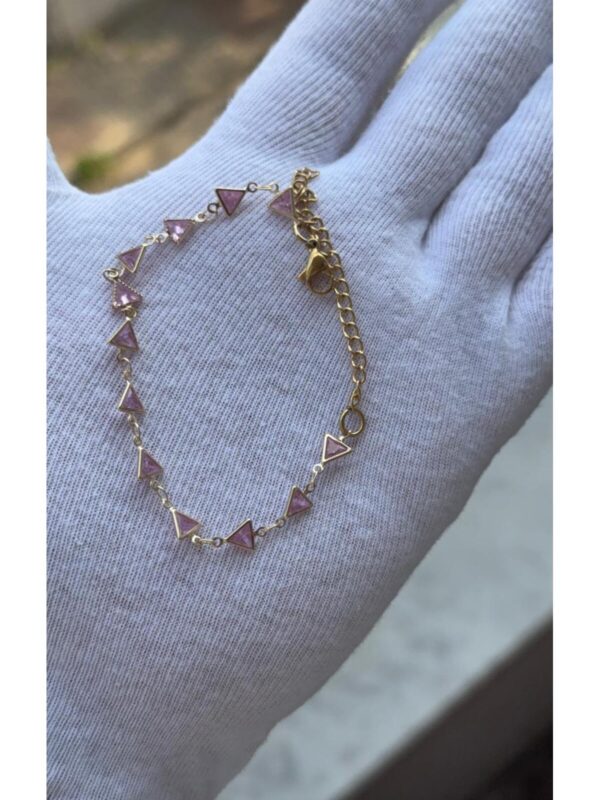 Kadın Üçgen Kesim Gold Renk Pembe Zirkon Taşlı Bileklik 18 CM - Görsel 3