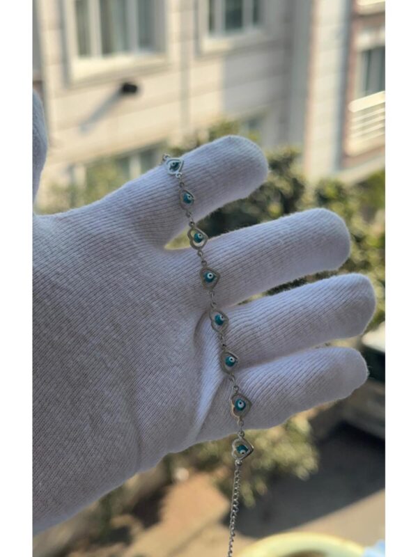 Kadın Gümüş Renk Nazar Boncuklu Bileklik 18 CM - Görsel 1