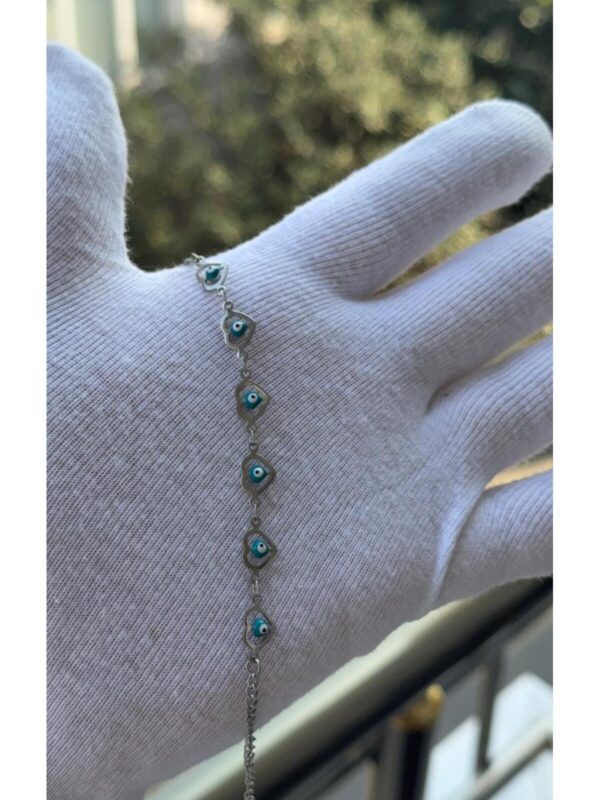 Kadın Gümüş Renk Nazar Boncuklu Bileklik 18 CM - Görsel 2