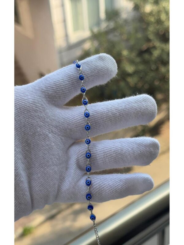 Gümüş Renk Nazar Boncuklu Özel Vip Bileklik 18 CM - Görsel 2