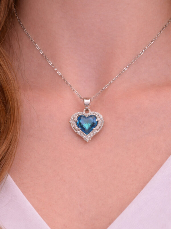316L Çelik Mavi Kristal Kalp Model Zirkon Taşlı Kolye - Görsel 1