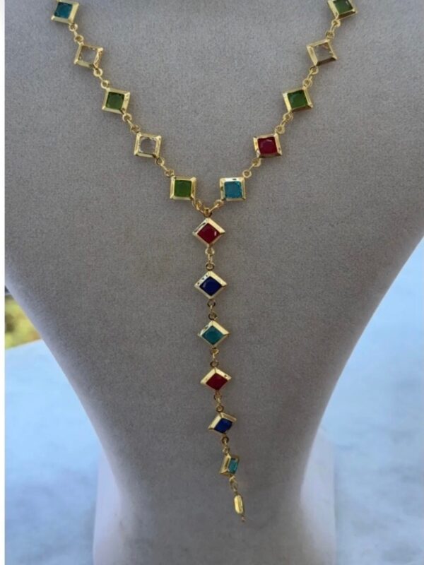 Kadın Gold Renk Zirkon Taşlı Renkli Y Model Kolye - Görsel 1
