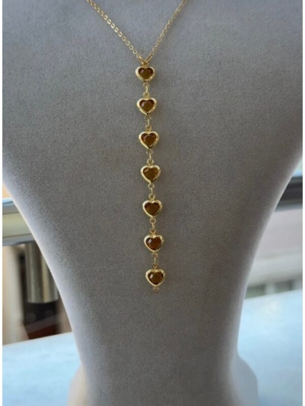 Kadın Gold Renk Zirkon Taşlı Kalpli Y Model Kolye 45 CM - Görsel 3