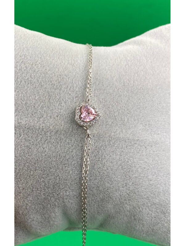 925 Ayar Zirkon Taşlı Pembe Kalpli Şık Gümüş Bileklik - Görsel 2
